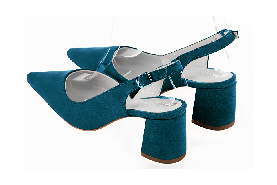 Peacock blue women's slingback shoes. Pointed toe. Medium flare heels. Rear view - Florence KOOIJMAN